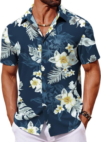 Men's Tropical Print Short Sleeve Button Down Shirt