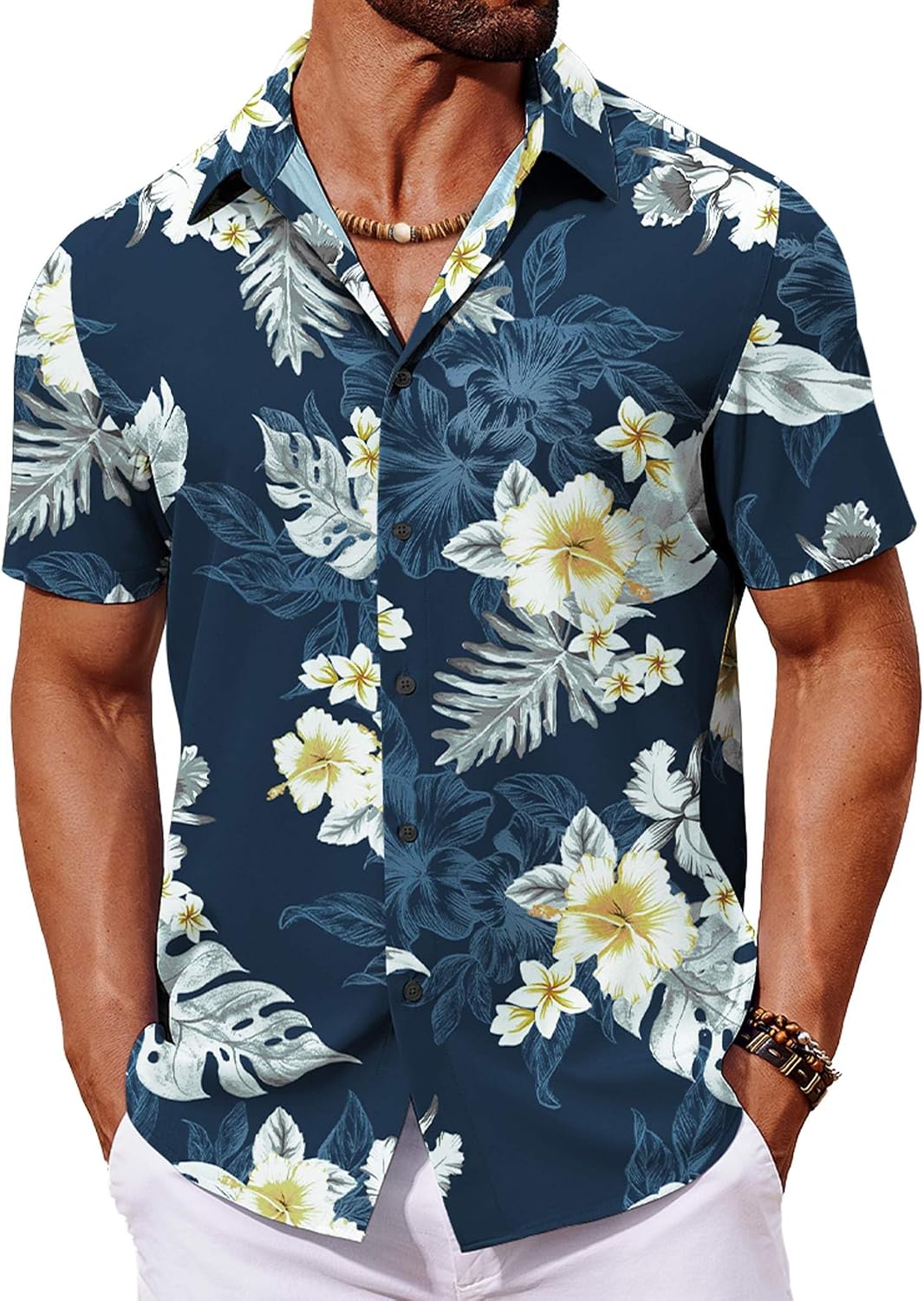 Men’s Tropical Print Short Sleeve Shirt — Button Down Summer Shirt Men Tropical Print